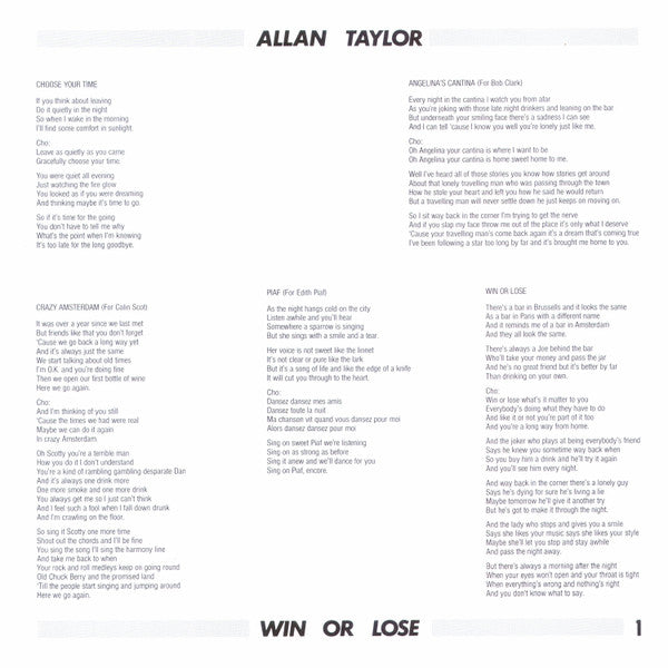 Allan Taylor : Win Or Lose (LP, Album)