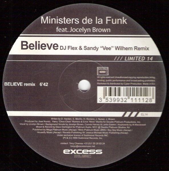 Ministers De La-Funk* Feat. Jocelyn Brown : Believe (12", S/Sided)