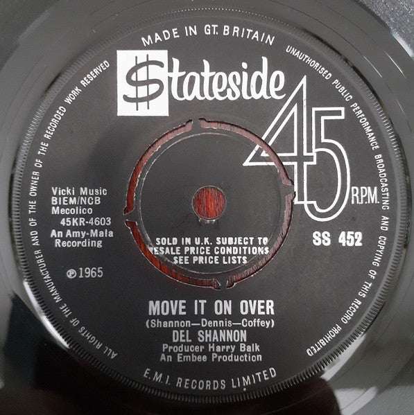 Del Shannon : Move It On Over (7", Single)