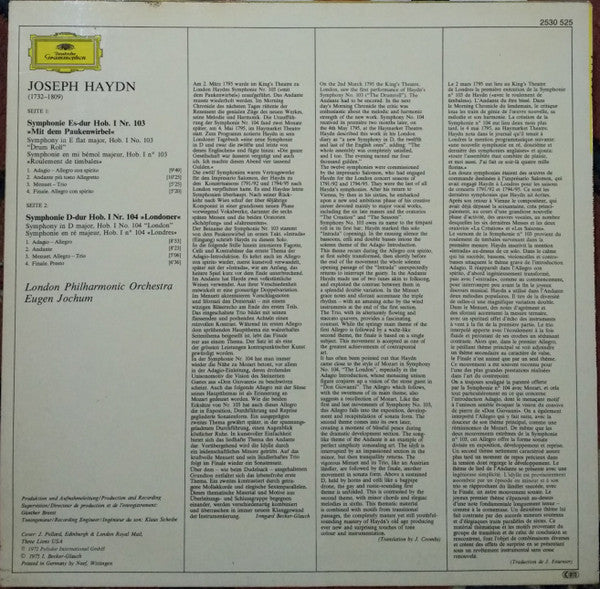 Joseph Haydn – London Philharmonic Orchestra · Eugen Jochum : Symphonien Nr. 103 »Paukenwirbel« = »Drum Roll« · Nr. 104 »London« (LP, RP)