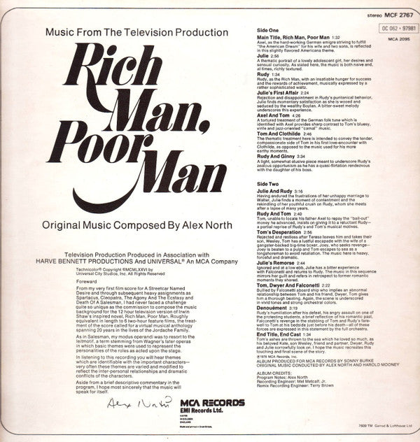 Alex North : Rich Man, Poor Man (Music From The Television Production) (LP, Album)