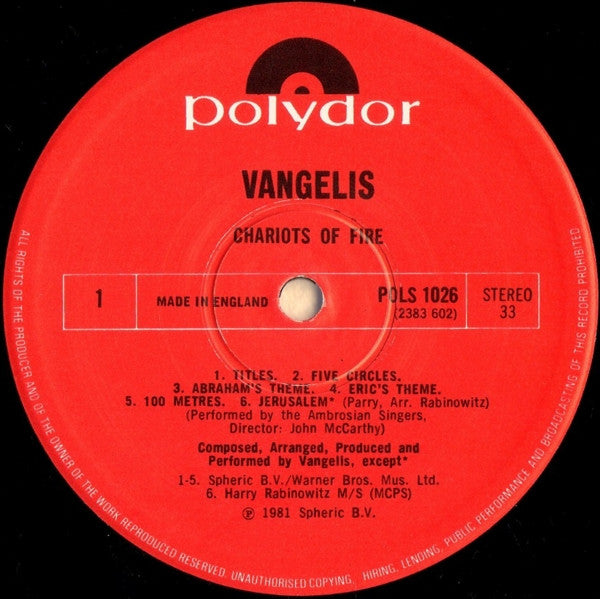 Vangelis : Chariots Of Fire (LP, Album, RE)