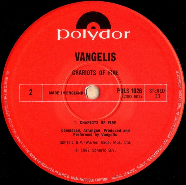 Vangelis : Chariots Of Fire (LP, Album, RE)