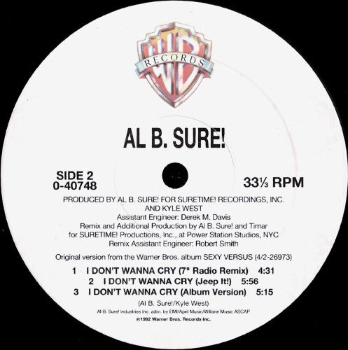 Al B. Sure! : I Don't Wanna Cry (12", Single)