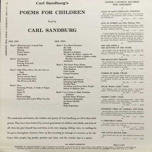 Carl Sandburg : Carl Sandburg's Poems For Children (LP, Album)