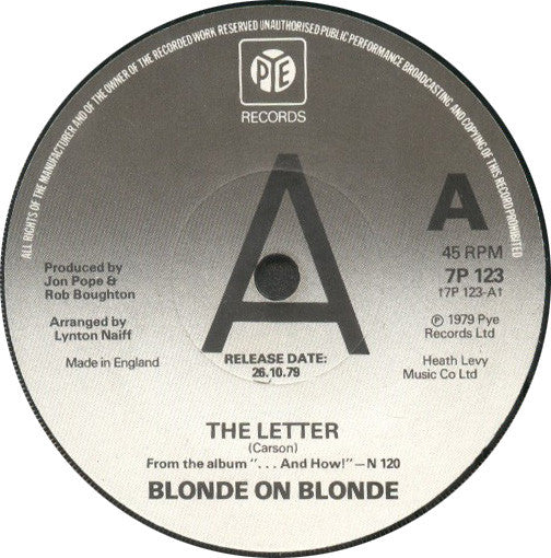 Blonde On Blonde : The Letter (7", Promo, Sol)