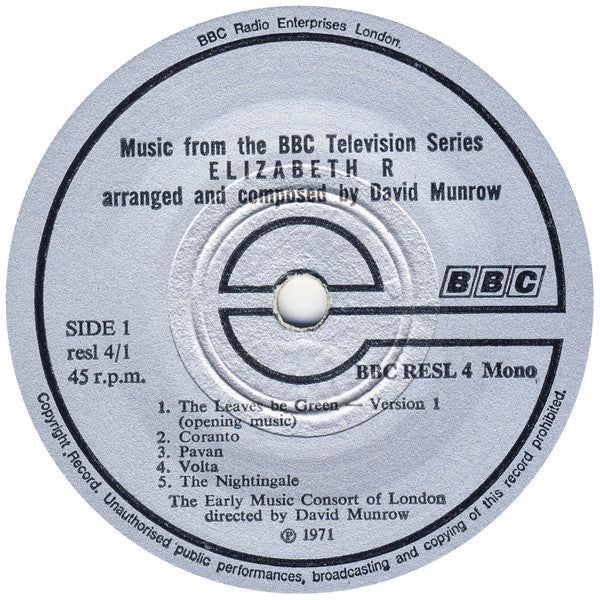 The Early Music Consort Of London Directed By David Munrow : Music From The BBC Television Series Elizabeth R (7", Mono)