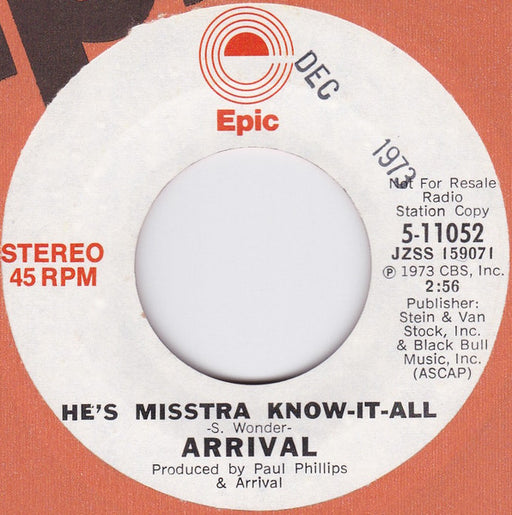 Arrival (2) : He's Misstra Know-It-All (7", Single, Mono, Promo)
