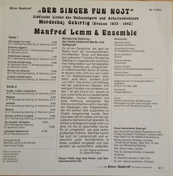 Manfred Lemm & Ensemble : Der Singer Fun Nojt  (LP)