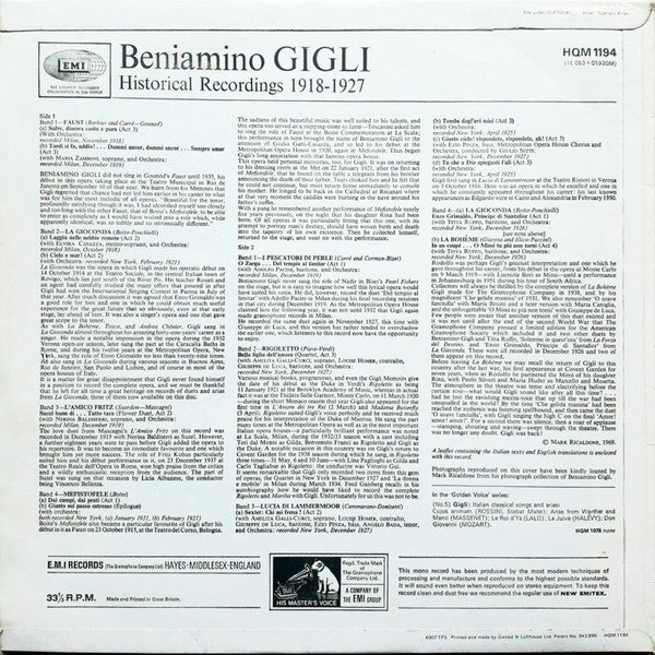 Beniamino Gigli : Historical Recordings 1918-1927 (LP, Album, Comp, Mono)
