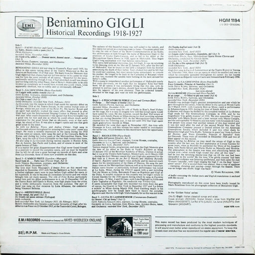 Beniamino Gigli : Historical Recordings 1918-1927 (LP, Album, Comp, Mono)