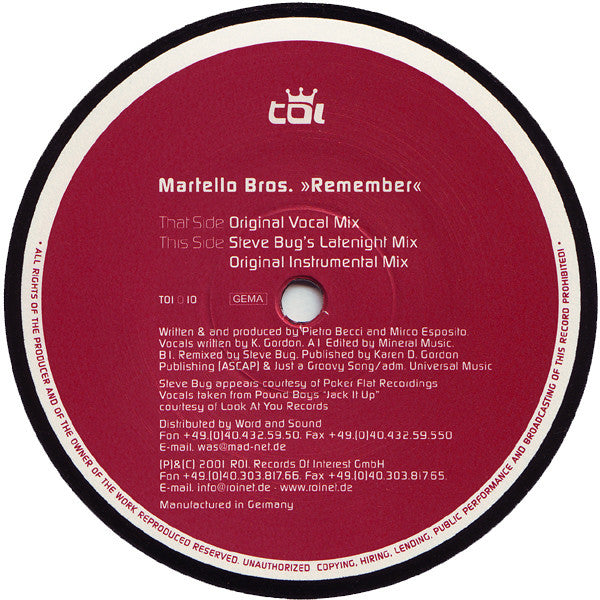Martello Bros. : Remember (12")
