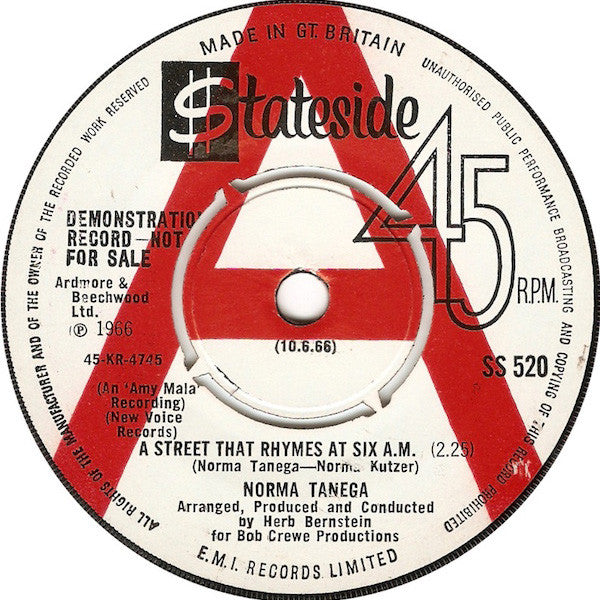 Norma Tanega : A Street That Rhymes At Six A.M. / Treat Me Right (7", Single, Promo)