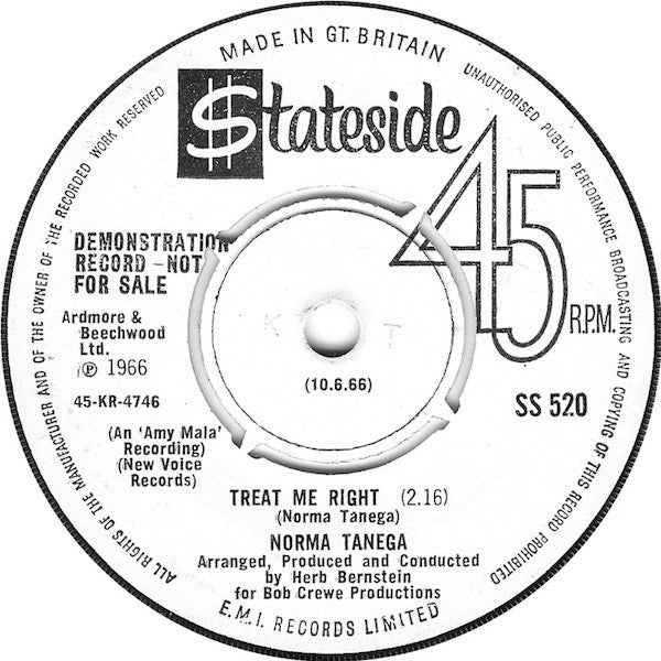 Norma Tanega : A Street That Rhymes At Six A.M. / Treat Me Right (7", Single, Promo)