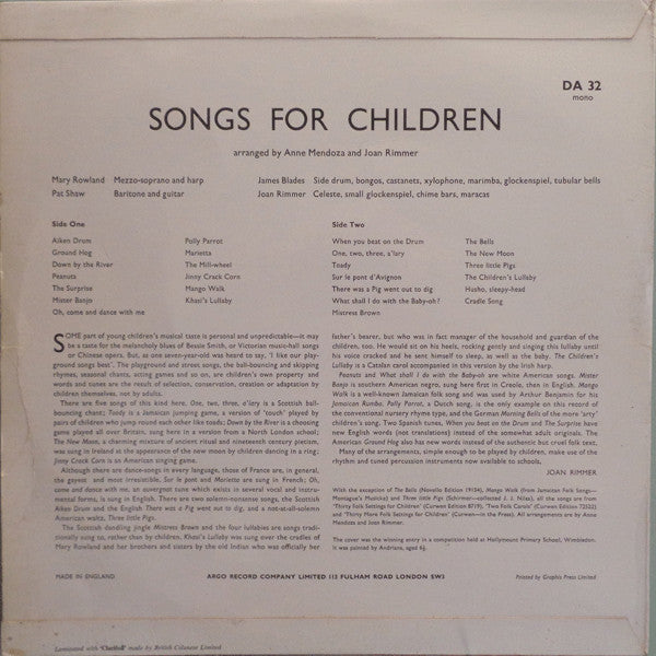 Mary Rowland, Pat Shaw*, James Blades, Joan Rimmer : Songs For Children (LP, Mono)