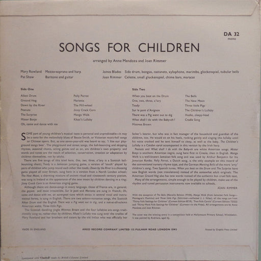 Mary Rowland, Pat Shaw*, James Blades, Joan Rimmer : Songs For Children (LP, Mono)