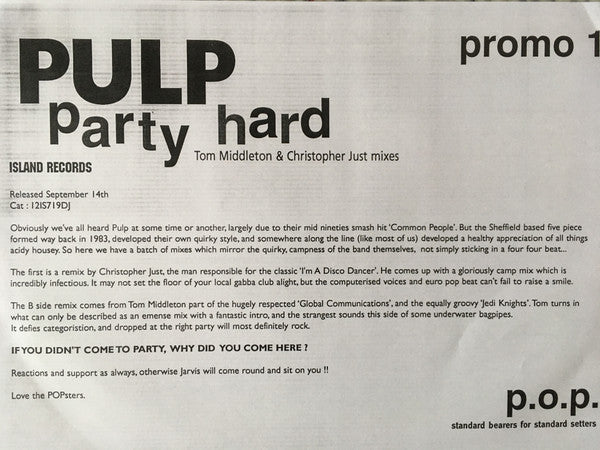 Pulp : Party Hard (12", Promo)