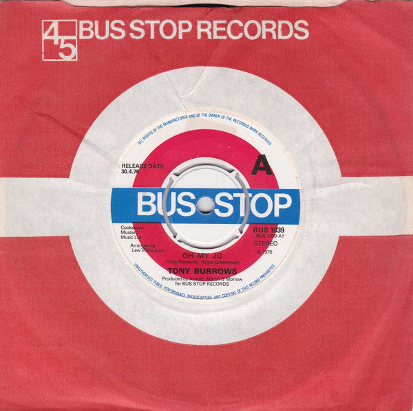 Tony Burrows : Oh My Jo / Girl You've Got Me Going (7", Promo)