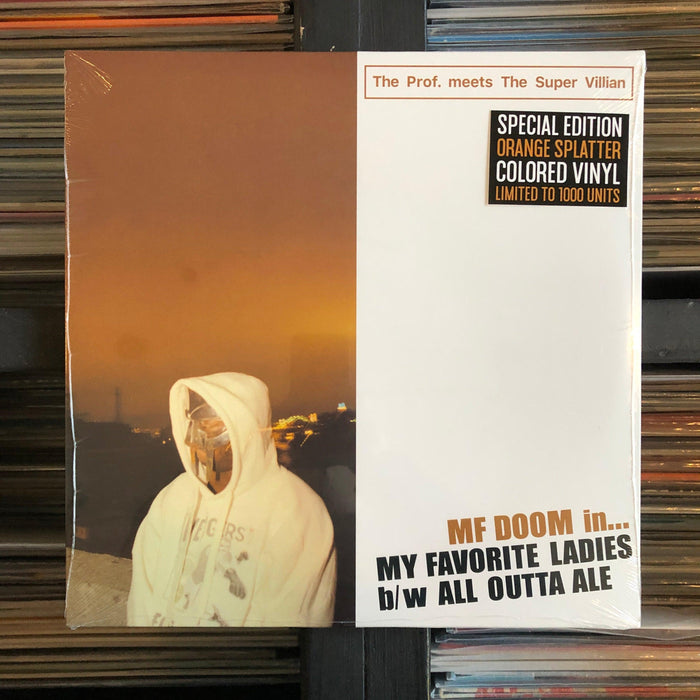 The Prof. Meets The Super Villian - My Favorite Ladies b/w All Outta Ale - 12" Vinyl Orange Splatter. This is a product listing from Released Records Leeds, specialists in new, rare & preloved vinyl records.